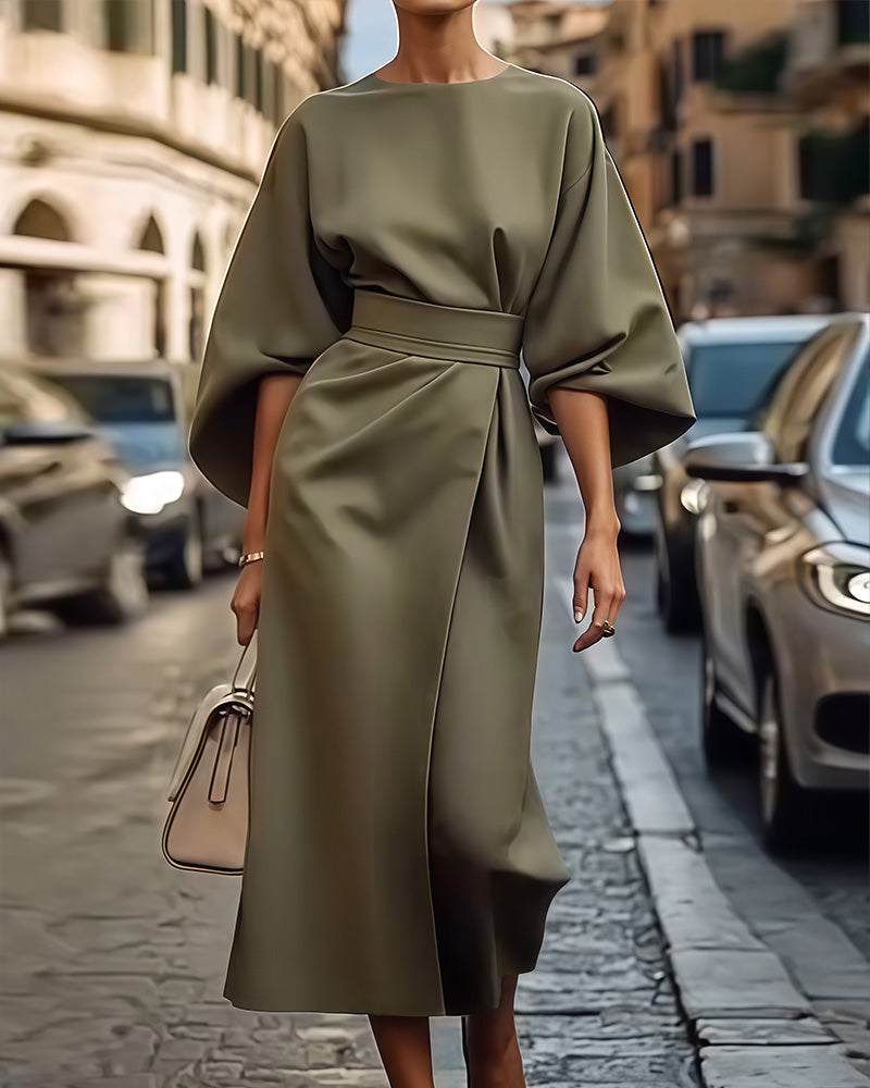 Celestine | Sukienka z Eleganckimi Rękawami Latarniowymi i Paskiem